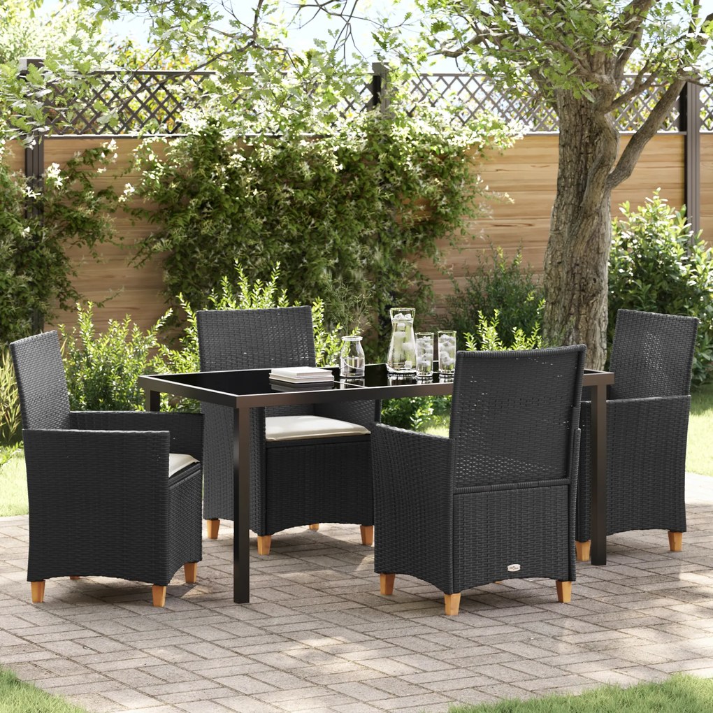 vidaXL Conjunto de Jantar de Jardim de 5 Peças com Almofadas Preto Vime de Poliéster