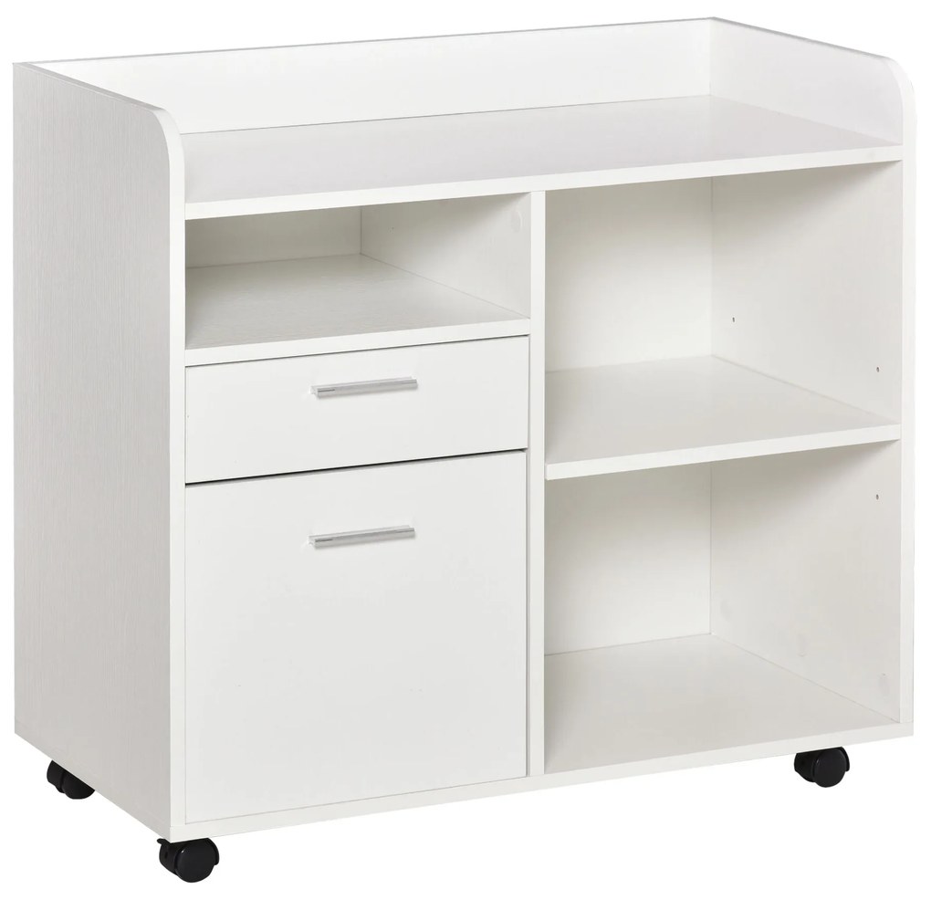Vinsetto Armário para Impressora com 3 Compartimentos 2 Gavetas para Arquivos Prateleira 2 Rodas com Freios 80x40x72 cm Branco | Aosom Portugal