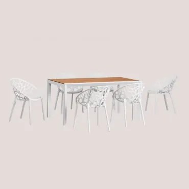 Conjunto De Mesa Retangular 160x90 Cm Em Madeira De Eucalipto E Alumínio Archer Classic E 6 Cadeiras De Jardim Empilháveis Ores Gardénia Branco -