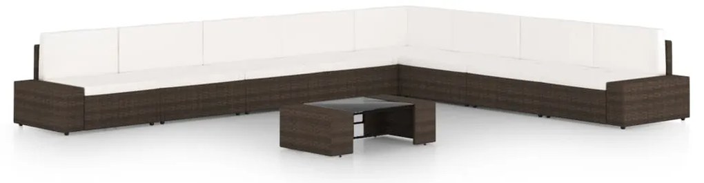 9 pcs conjunto lounge p/ jardim c/ almofadões vime PE castanho