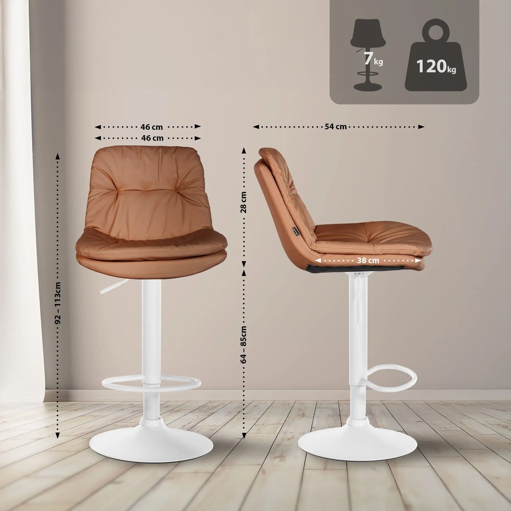 Banco de bar em couro sintético com estrutura branca 92-113 x 46 x 54 cm castanho claro