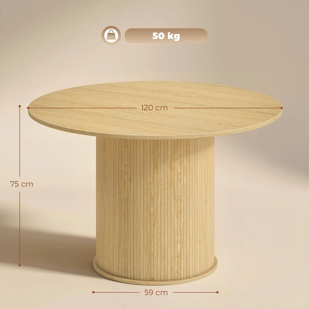 Mesa de jantar redonda para 5 pessoas, Ø 120 x 75 cm (CADEIRAS NÃO INCLUIDAS), mesa de cozinha com base cilíndrica canelada, madeira natural
