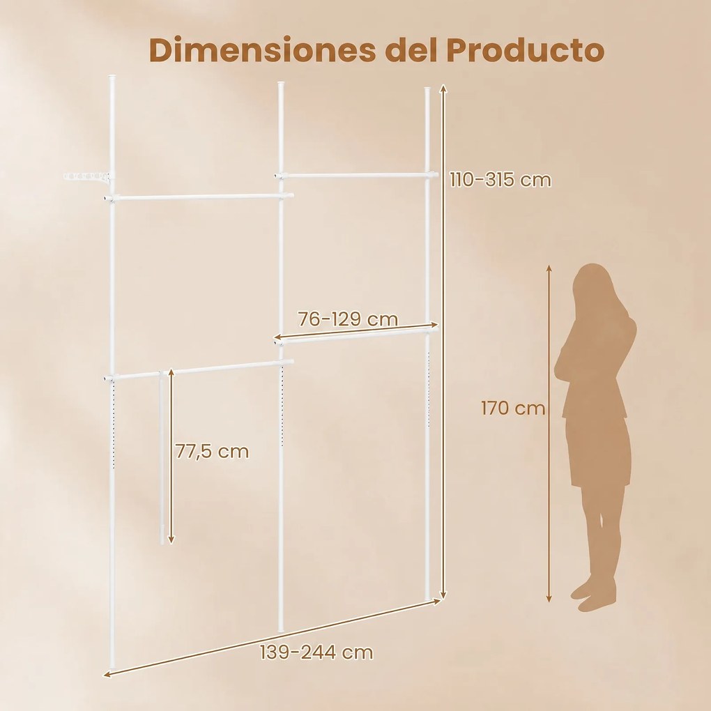 Cabideiro de Roupa 139-244 x 110-315 cm , Estrutura de Pé com 4 Barras Extensíveis, Branco
