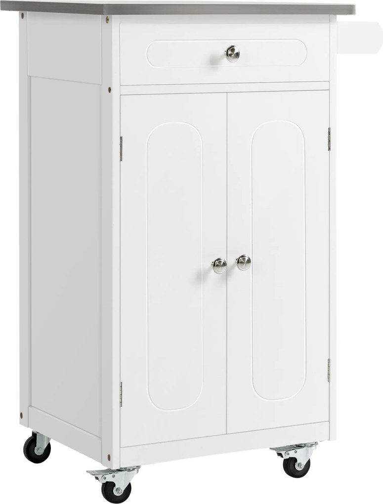 Carrinho de cozinha 60 L x 45 P x 85 A cm com rodas e vários compartimentos: 1 gaveta, armário de 2 portas com prateleira para panos de cozinha, em MD