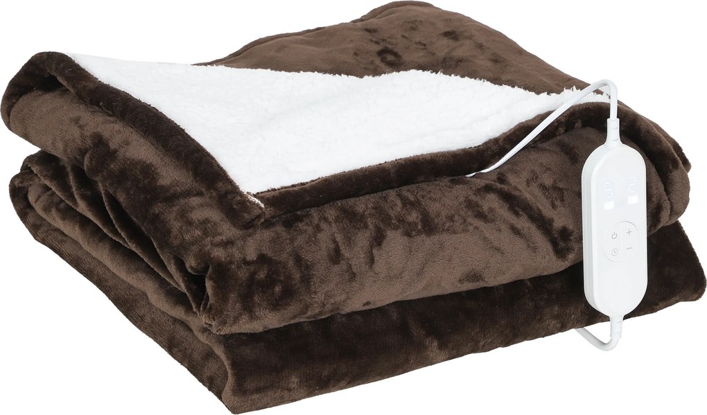 HOMCOM Manta Elétrica 180x130 cm Manta Térmica com Tecido Suave 10 Níveis de Temperatura e Temporizador Marrom | Aosom Portugal
