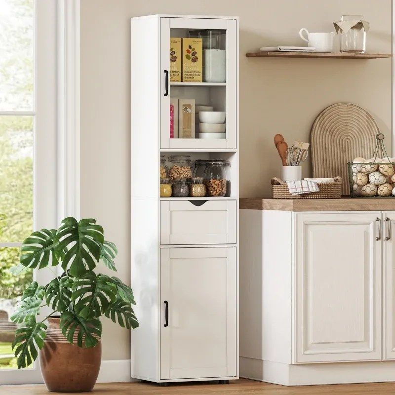 Coluna Casa de Banho ou armário de cozinha 40x30x165 cm com Porta de Vidro Prateleiras Ajustáveis Gaveta e Prateleira Aberta Branco