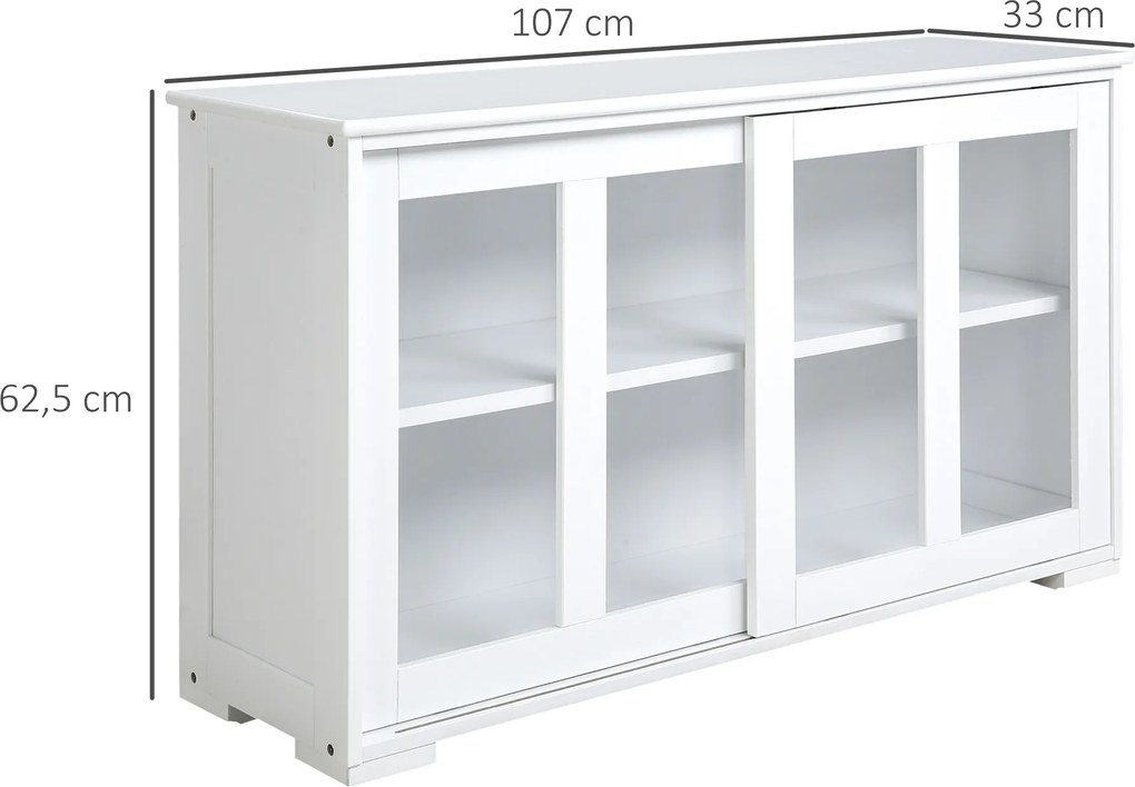 Aparador de Cozinha Moderno Móvel Auxiliar com 2 Portas de Correr de Vidro e Prateleira Ajustável 107x33x62,5 cm Branco
