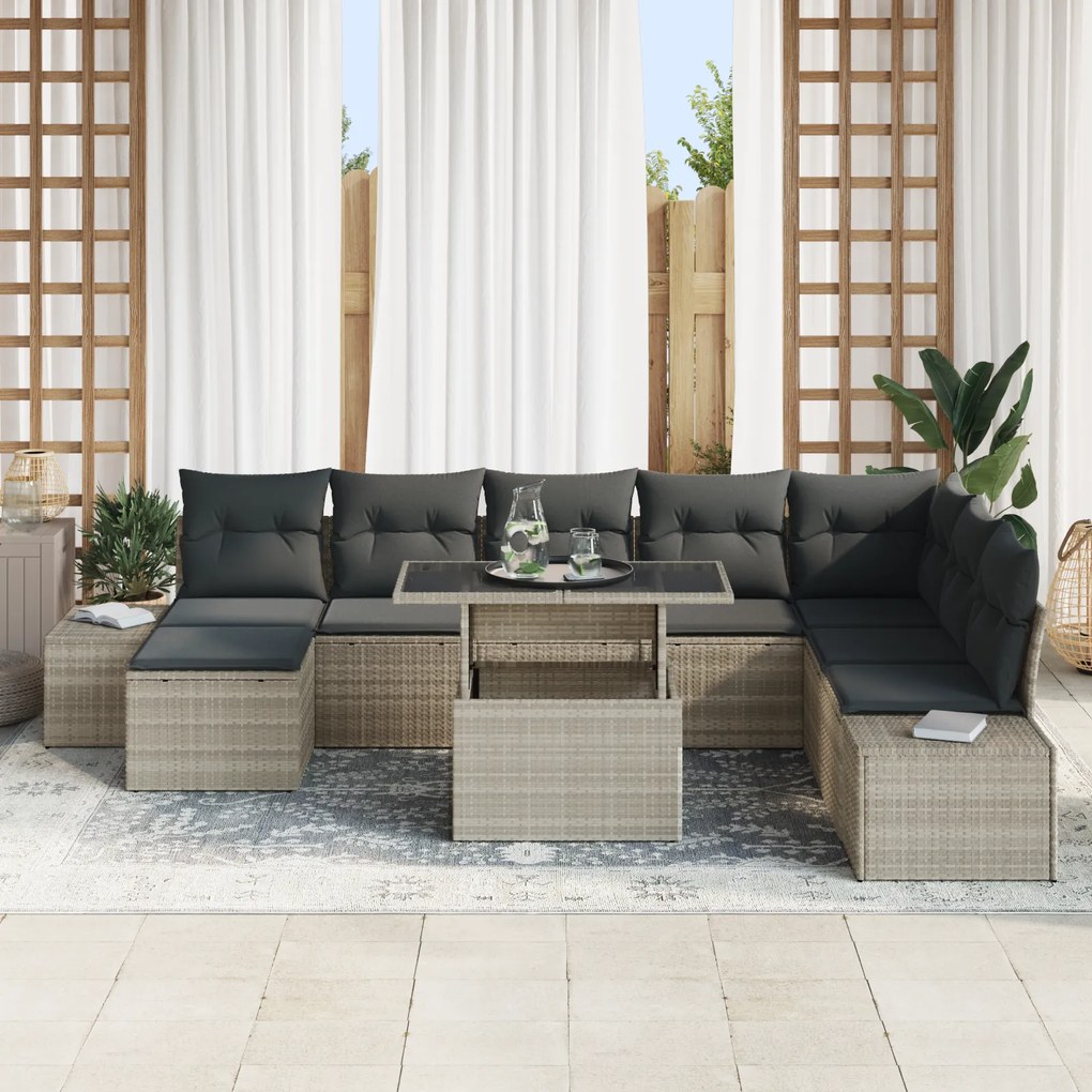 Conjunto de Sofá de Jardim de 9 Peças com Almofadas Cinza Claro em Rat