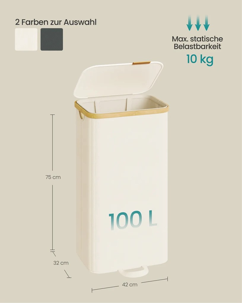 Cesto da roupa suja 42 x 32 x 75 cm com tampa e saco removível, 100 L, creme