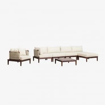 Conjunto De Jardim Com Sofá Modular De Canto De 4 Peças, Mesa De Centro, Puff E Poltrona Em Acácia Giulia Crema - Sklum