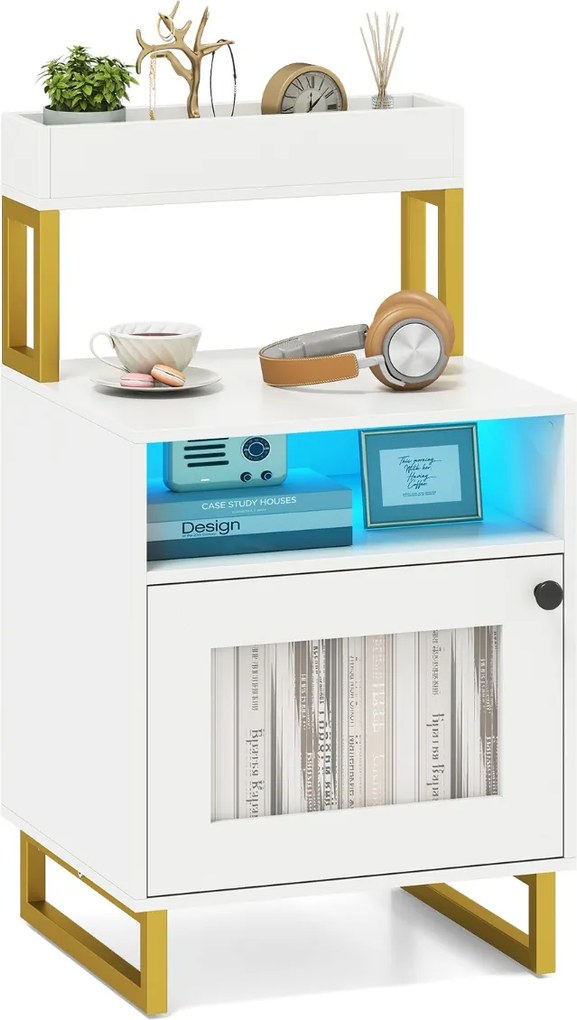 Mesa de cabeceira com luzes LED 45 x 40 x 80 cm com tabuleiro superior Estrutura metálica Branca