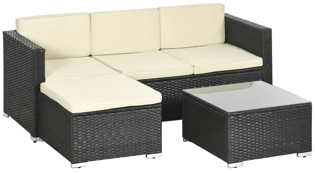 Outsunny Conjunto de Móveis de Vime de Jardim 3 Peças Conjunto de Móveis de Vime Exterior Sofá de 3 Lugares com Almofadas Acolchoadas Mesa de Centro com Bancada de Vidro Temperado e Banco Preto e Bege