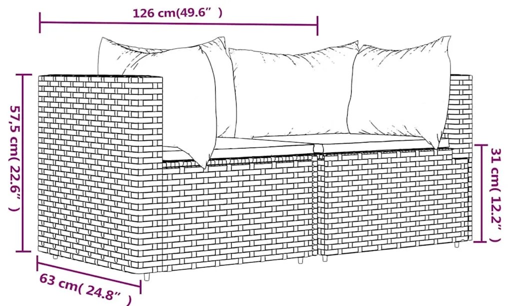 Sofás de canto p/ jardim c/ almofadões 2 pcs vime PE cinzento
