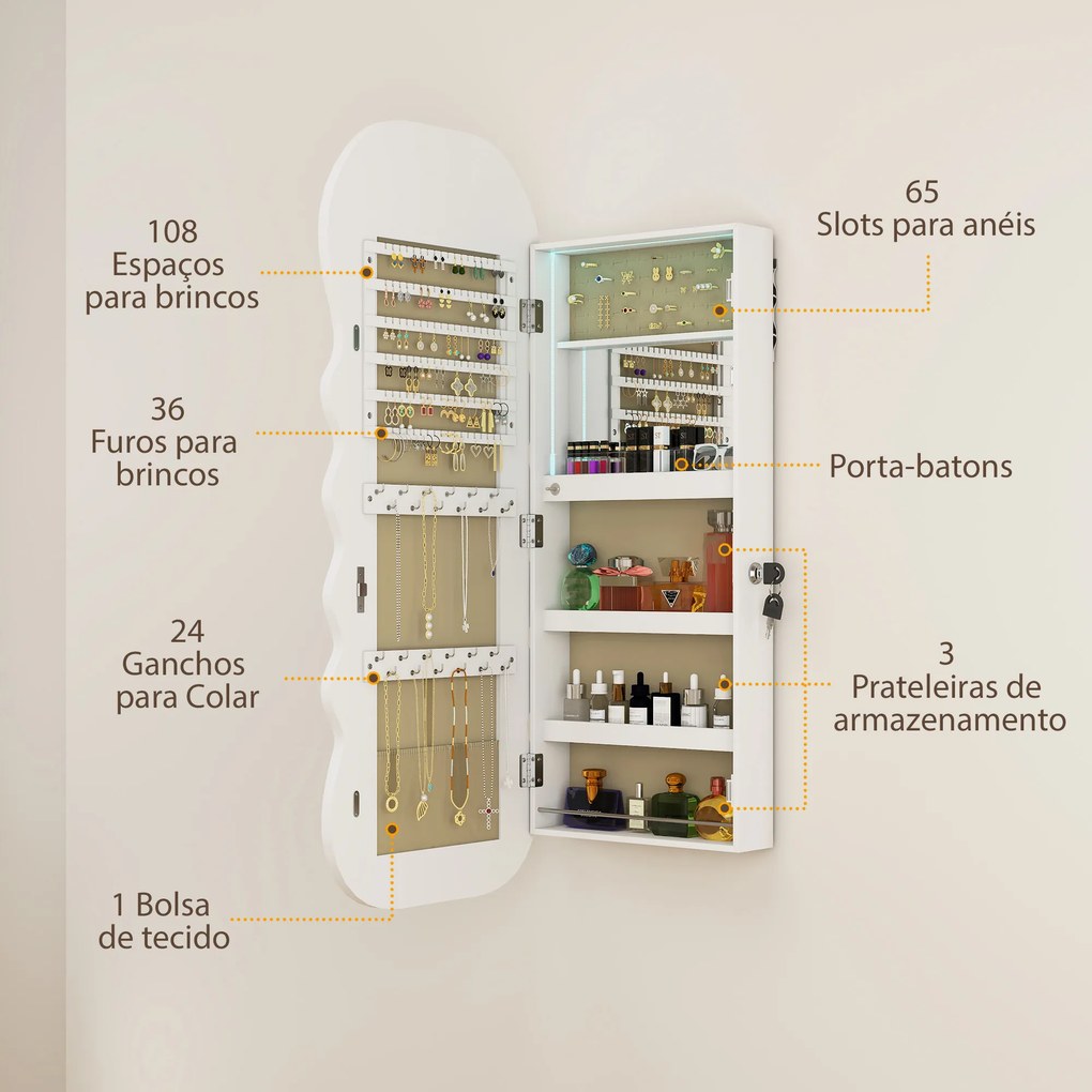 Espelho-Joalheiro com Luz LED Montado na Parede ou na Porta com Fechadura, Espelho de Corpo Inteiro Branco