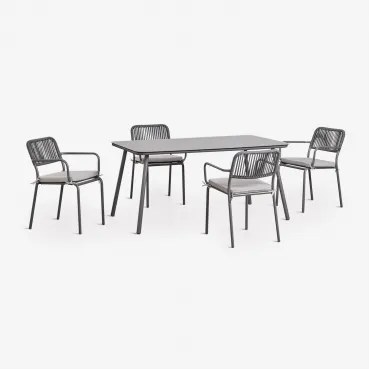 Conjunto De Mesa Retangular 160x90 Cm E 4 Cadeiras De Jardim Empilháveis Em Corda Trançada Arhiza Cinza Grafito - Sklum