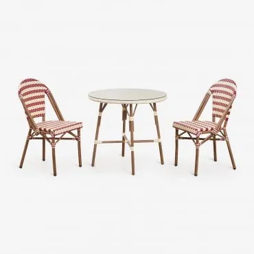 Conjunto De Mesa Redonda Brielle Bistro (80 Cm De Diâmetro) E Duas Cadeiras De Jardim Empilháveis De Alumínio Vermelho Burdeos - Beige Creme - Sklum