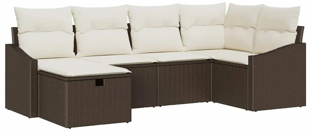 Conjunto de Sofá de Jardim 6 Peças com Almofadas Marrom Vime Poliéster