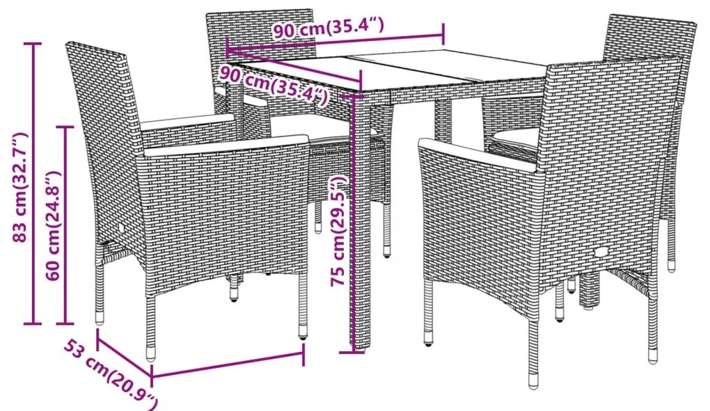 5 pcs conjunto jantar jardim c/ almofadões vime PE/acácia bege