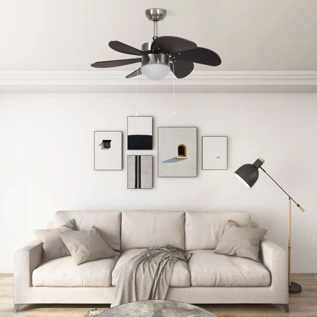 51488 vidaXL Ventoinha de teto com luz 76 cm castanho-escuro