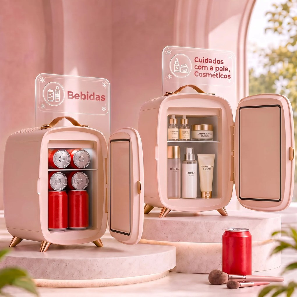 Mini Frigorífico para Cosméticos com 6 L, Porta com Espelho e Luzes LED Ajustáveis, 24,3 x 19,4 x 35,6 cm Rosa