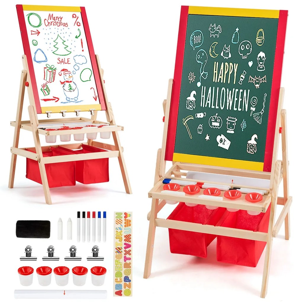 Quadro infantil 3 em 1 Dupla Face para Crianças com Rolo de Papel Magnético 2 Gizes e Outros Acessórios de Desenho 79 x 52,5 x 106,5 cm