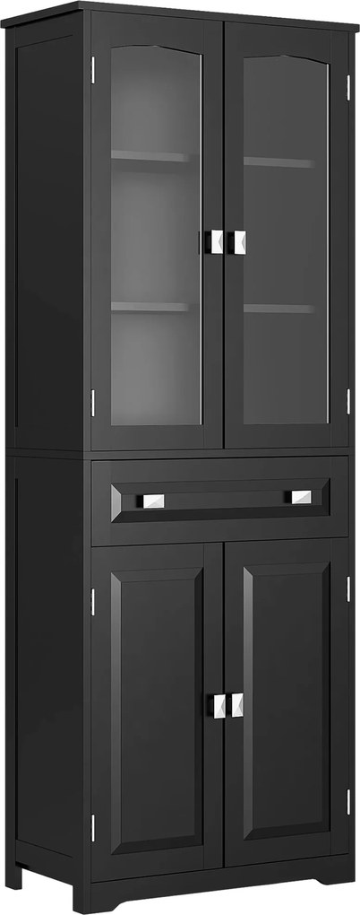 HOMCOM Buffet Alto Armário de Cozinha 4 Portas Sendo 2 Portas de Vidro e 1 Gaveta Altura 160 cm com Prateleiras em Madeira Preto | Aosom Portugal