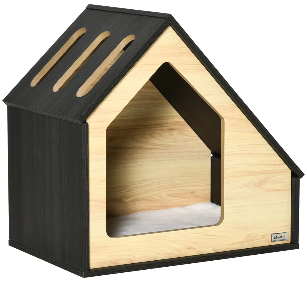 PawHut Casa de Madeira para Cães Casa para Cães para Uso Interior com Almofada Removível Lavável 60x40x59,2cm Preto e Madeira Natural | Aosom Portugal