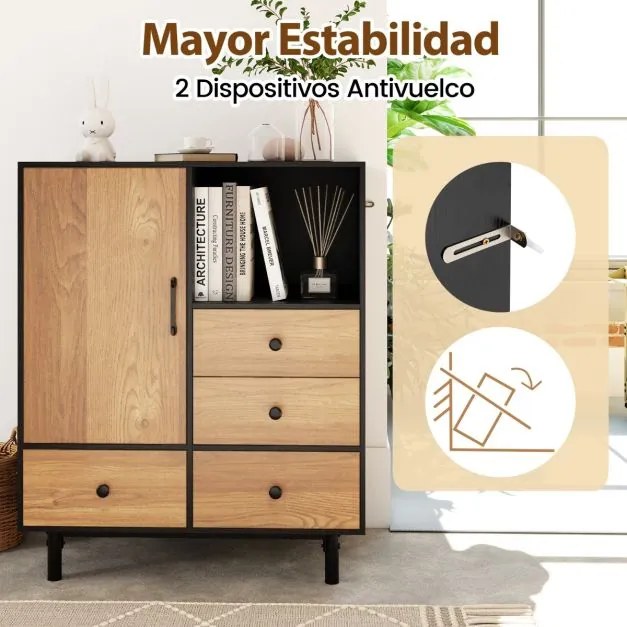 Armário com 4 gavetas e compartimento aberto, com pés de metal 80 x 45,5 x 97,5 cm Preto