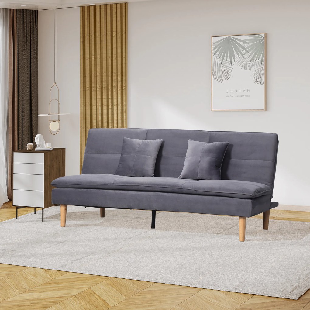 HOMCOM Sofá Cama de 3 Lugares Estofado em Flanela com Encosto Ajustável em 2 Posições 2 Almofadas e Pés de Madeira Sofá Moderno para Sala de Estar Escritório 181x92x84cm Cinza
