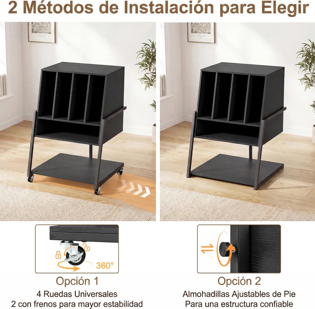 Suporte para gira-discos 54 x 57 x 76,5 cm com base de carregamento padrão europeu; prateleira para discos de vinil com rodas e pés ajustáveis preto