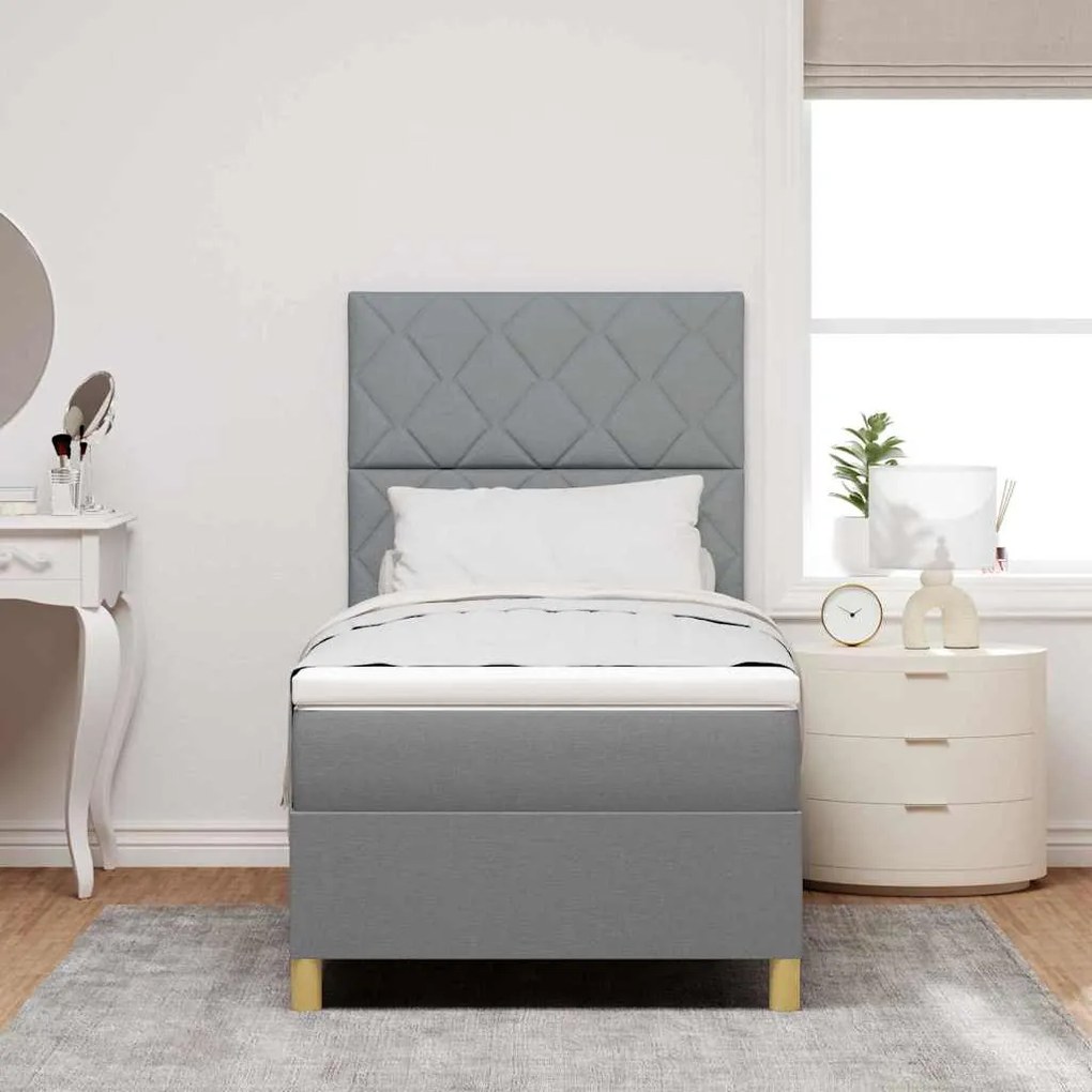 Cama Box com Colchão &amp; Luz LED Cinzento Claro 100x200 cm Tecido