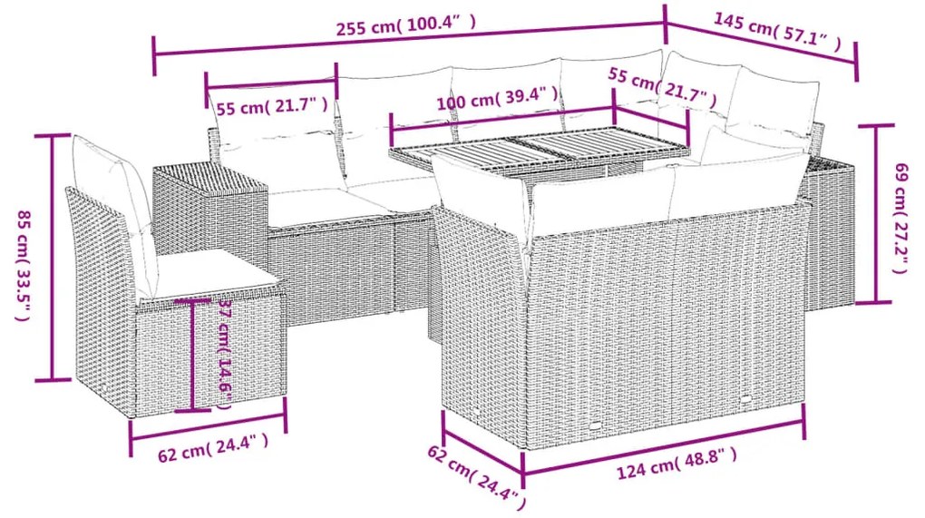 9 pcs conjunto de sofás p/ jardim com almofadões vime PE bege