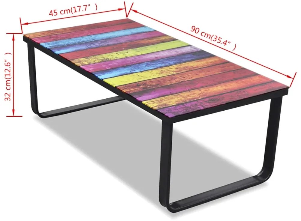 Mesa de centro, tampo de vidro com impressão de arco-íris