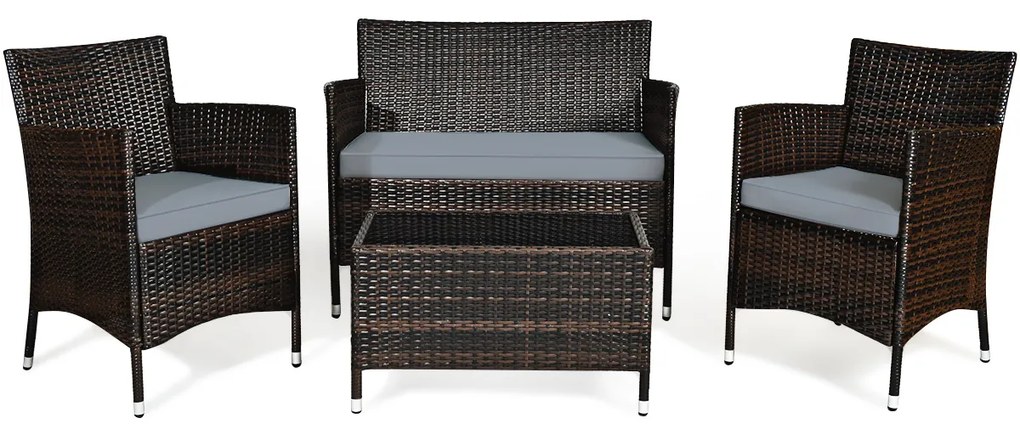 Conjunto de Móveis 4 Peças Rattan para Pátio Exterior Mesa e Sofá com Almofada Conjunto de Conversação Mão-Tecido para Piscina de Jardim Castanho