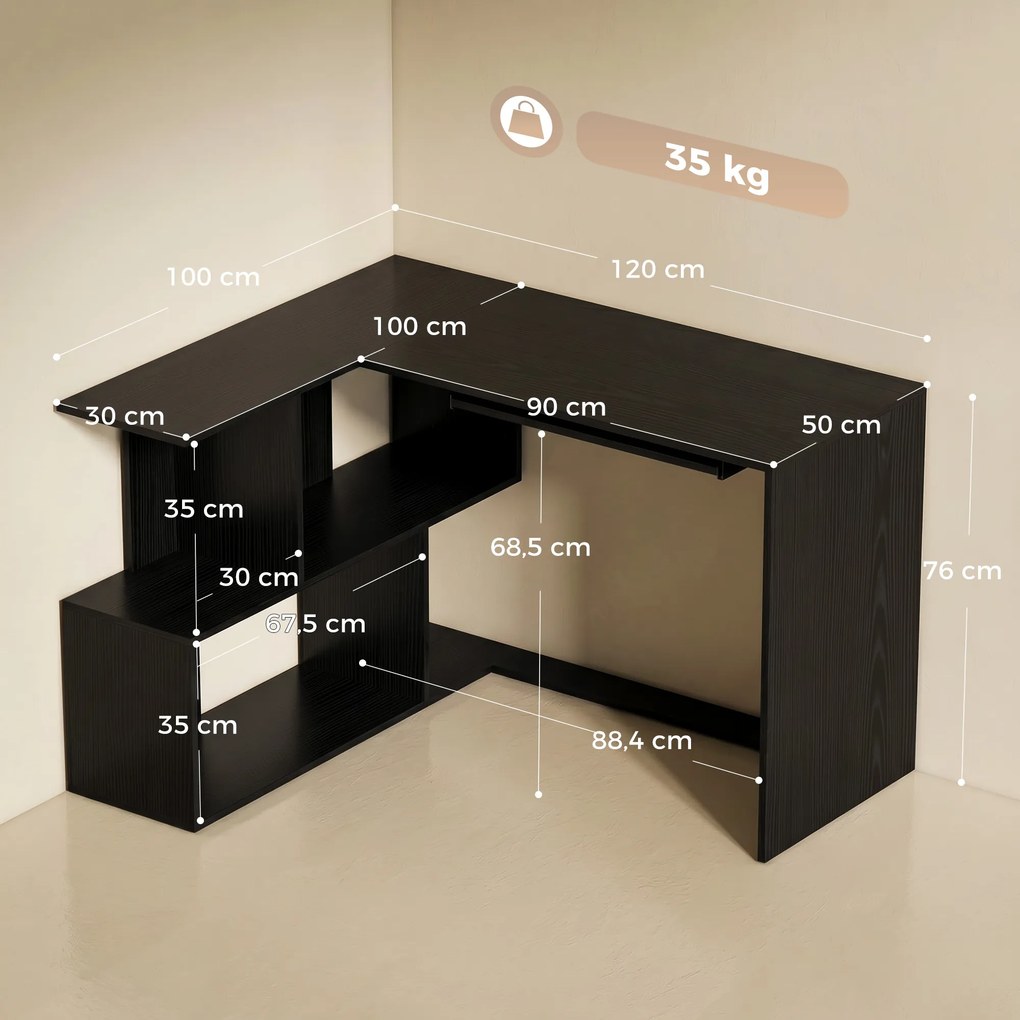 Secretária de canto, 120 x 100 x 76 cm, secretária em L para computador com suporte para teclado, 4 compartimentos abertos, preta