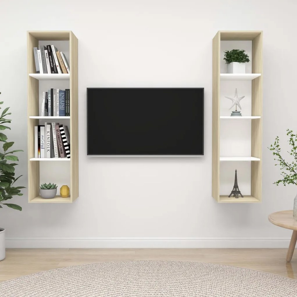vidaXL Armários de parede p/ TV 2pcs derivados madeira branco/sonoma