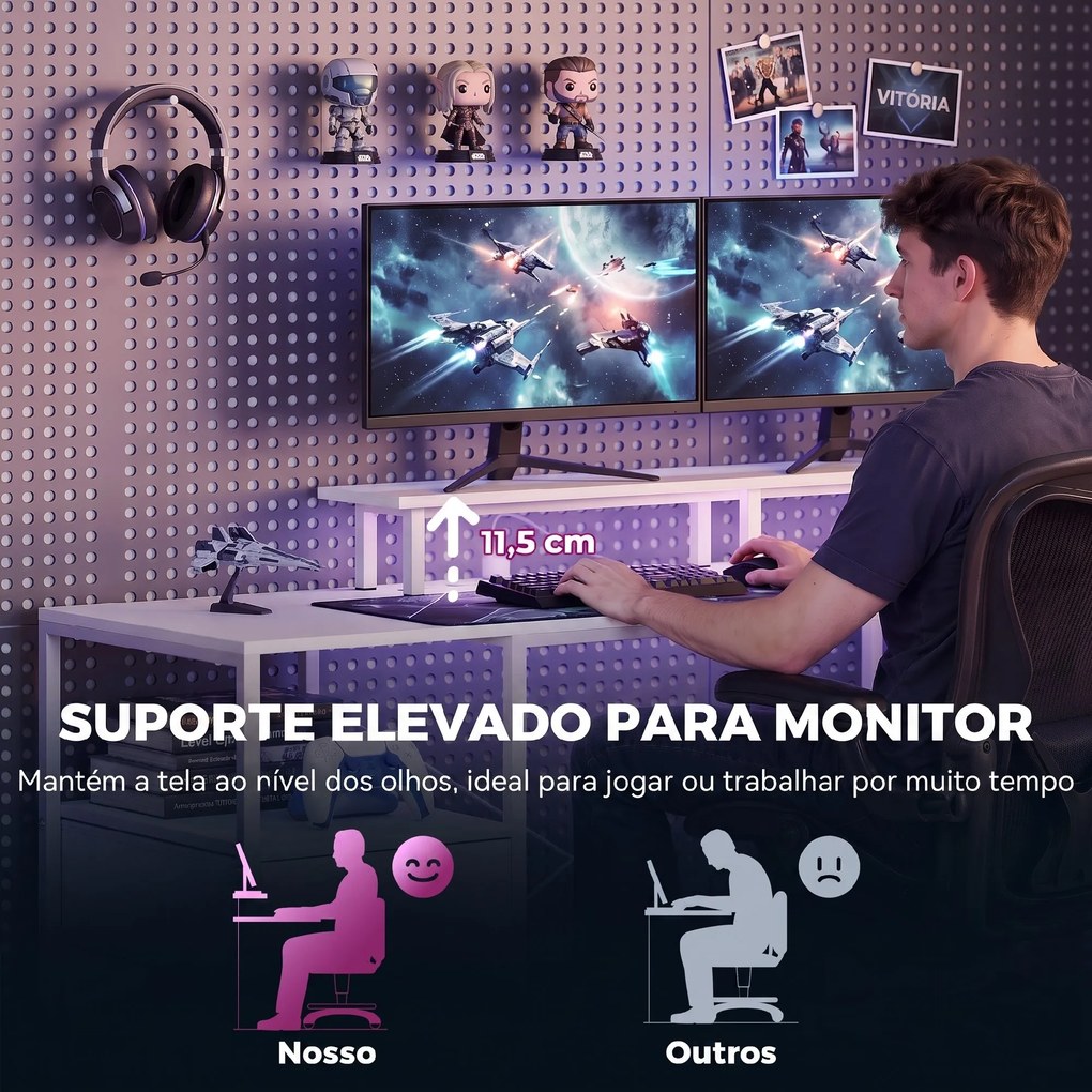 Secretária com Luzes LED Gavetas Tomadas Portas USB e Suporte para Monitor 155,5x48x88,5 cm Branco