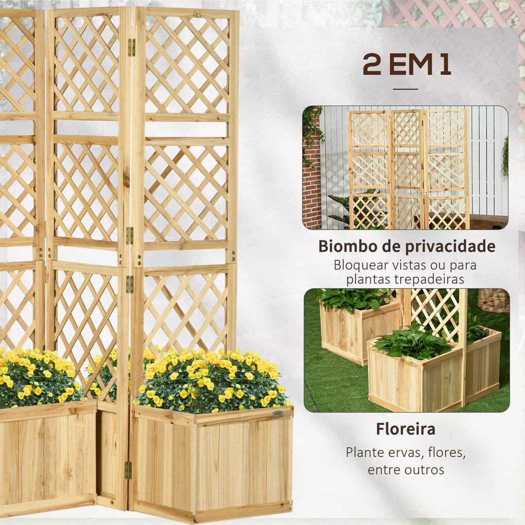 Outsunny Biombo Exterior com 3 Painéis de Madeira e 4 Floreiras Ecrã de Privacidade de Jardim com Floreira Orifícios de Drenagem Separador de Ambientes para Varanda Pátio 133x62x165cm Madeira