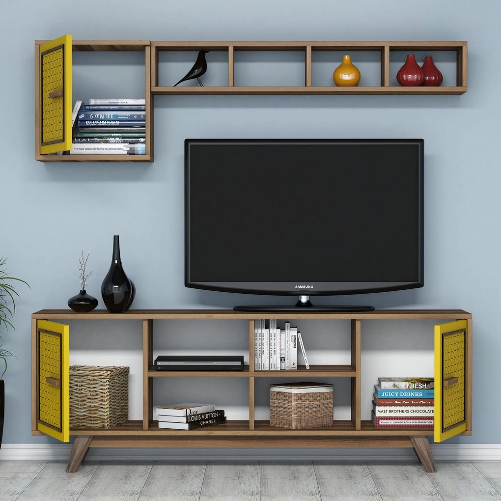 Conjunto de Mobiliário de Sala Ayla – Nogal Amarelo – TV: 160x56,2x35