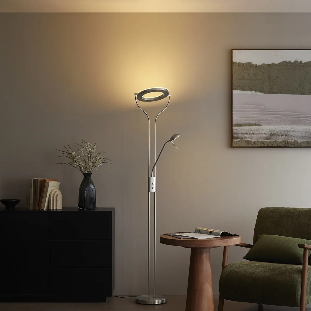 Candeeiro de pé moderno em aço com braço de leitura, incluindo LED e dimmer - Divo