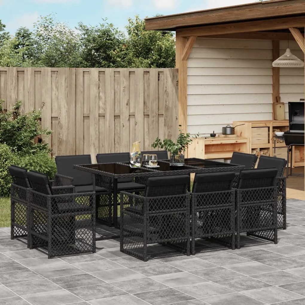 vidaXL 11 pcs conjunto de jantar p/ jardim c/ almofadões vime PE preto