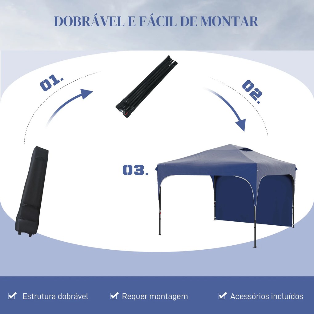 Tenda Dobrável com Altura Ajustável 1 Parede Lateral Teto com Ventilação 4 Sacos de Areia e Bolsa de Transporte 3x3 m Azul