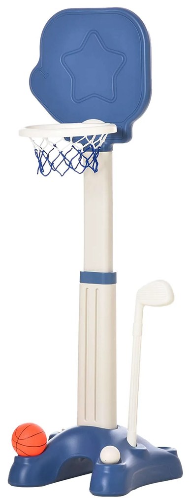 HOMCOM Basquetebol e Golf Infantil 2 em 1 Jogo Educativo para Crianças +2 Anos com Bolas Taco Golf Ajustável 46x41x116-153cm Azul Branco