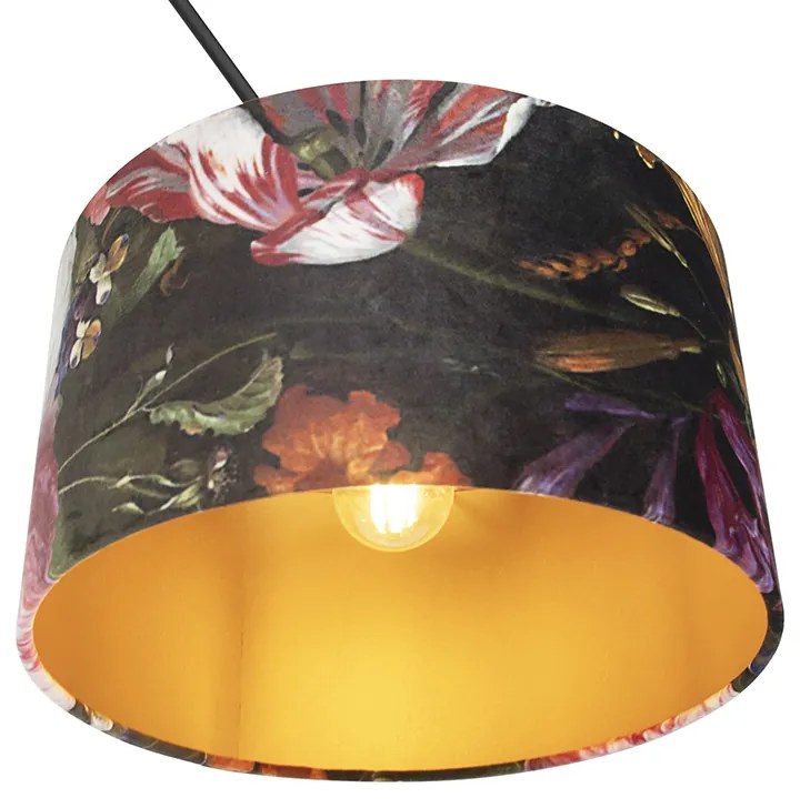 Candeeiro de suspensão preto com cúpula em veludo flores com dourado 35 cm - Blitz Clássico / Antigo