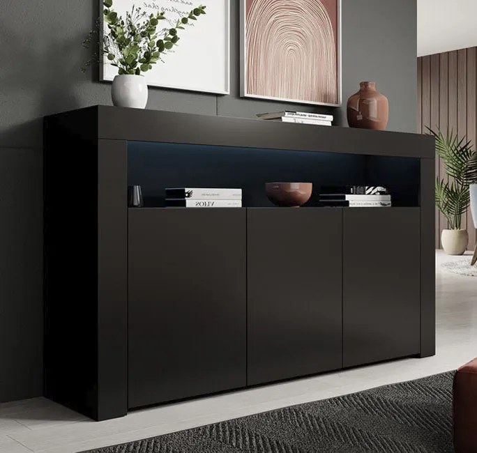 Aparador 'Alays' com Luzes LED - Preto Mate - 155x91,5x37 cm - Design