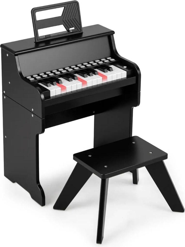 Piano de brincar com 25 teclas para crianças 38 x 24 x 47 cm, com banco e suporte, velocidade e volume ajustáveis, modo de aprendizagem, design em mad