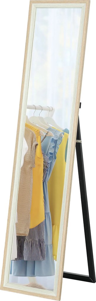 Espelho de Pé 37x157 cm Espelho de Corpo Inteiro com Estrutura de MDF e Suporte Branco e Madeira Clara