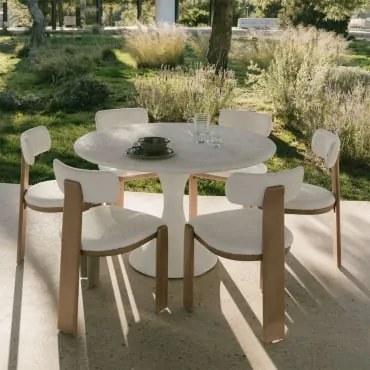 Conjunto De Mesa Redonda Ø120 Cm Em Cimento Eloria E 6 Cadeiras De Jardim Em Madeira De Acácia E Tecido Bouclé Malta Branco - Sklum