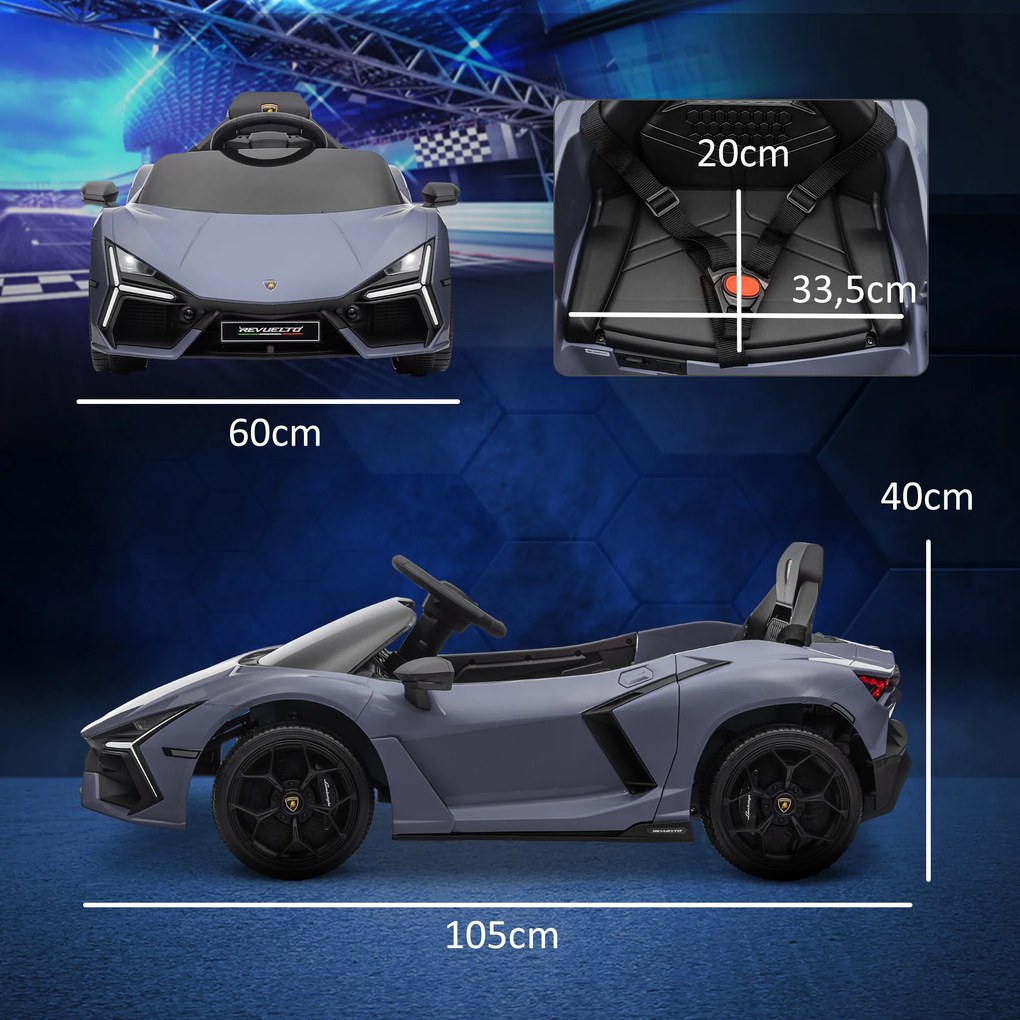 Carro Elétrico para Crianças Carro Lamborghini Revuelto com Bateria 12V Faróis LED e Música 105x60x40 cm Cinza
