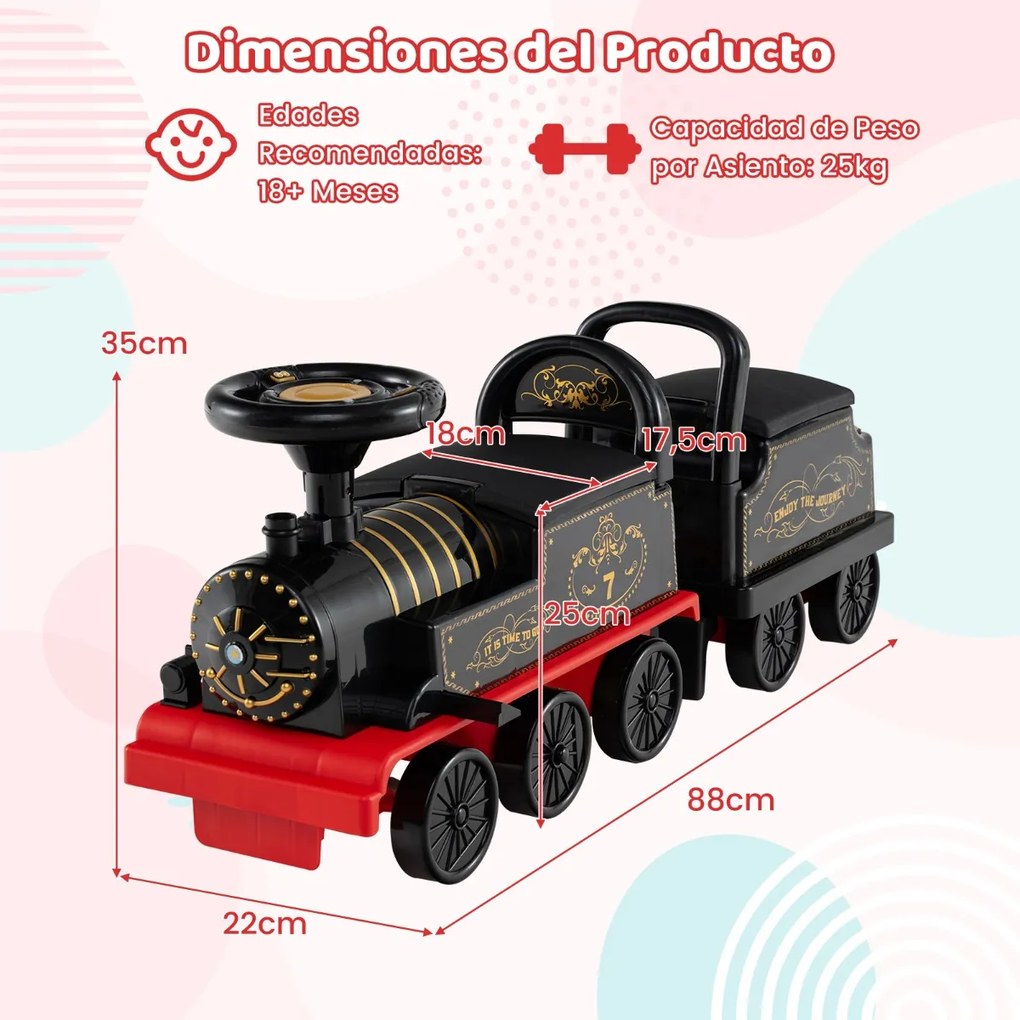 Comboio elétrico para crianças com vagão Bateria 6V Apito Música Luzes LED para 18+ meses Vermelho+Preto